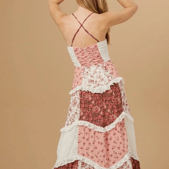 Brown Boho Women's Floral Maxi Dress with Lace Patchwork and Ruffle Details - Picture 2 of 6